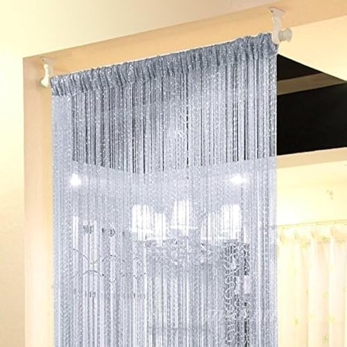 1x2 M Door String Curtain Rare Flat Silver Ribbon Thread Fringe Window Panel Room Divider Cute Strip Tassel for Wedding Coffee House Restaurant Parts, Grey - color: Grey