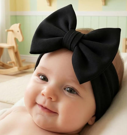Newborn Baby Girl Headband 0–6 Months – Soft Cotton Big Bow Headband for Infants, Stretchy Baby Hair Band, 4.3" (11 cm) Bow, 2.4" (6 cm) Band (Black, 0-6 Month)