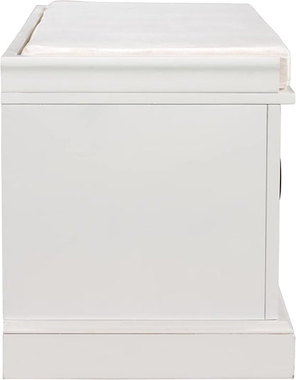 Knocbel 42.5" Entry Storage Bench with Removable Cushion, 2 Drawers and 2 Cabinets, Entryway Hallway Foyer Shoe Bench End of Bed Bench with Aluminum Handles, 200lbs Weight Capacity (White)