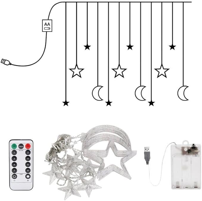Moon and Stars Decor Curtain Lights, 11.5ft String Lights for Bedroom, Christmas, Ramadan Decor, Indoor LED Fairy Twinkle Light, Battery Operated or USB Plug-in (Multicolor + Remote)