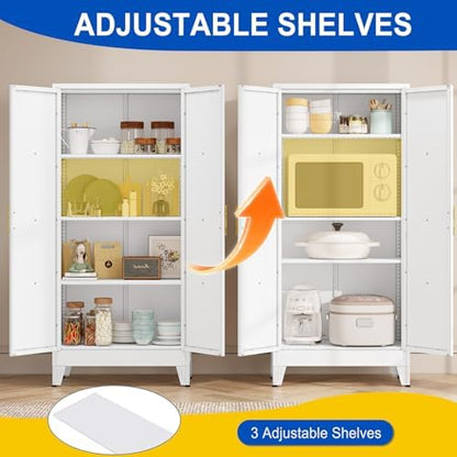 61" Metal Kitchen Pantry Storage Cabinet with 2 Doors and 3 Adjustable Shelves,White Farmhouse Pantry Cabinet,Steel Garage Tool Cabinet Freestanding Cupboard for Kitchen,Dinning Living Room