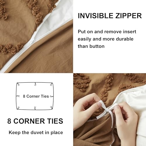 Oli Anderson Tufted Duvet Cover Queen Size, Soft and Lightweight Duvet Covers Set for All Seasons, 3 Pieces Boho Embroidery Shabby Chic Bedding Set (Pumpkin Brown, Queen, 90"×90") - color: Pumpkin Brown, size: Full/Queen(90"×90")