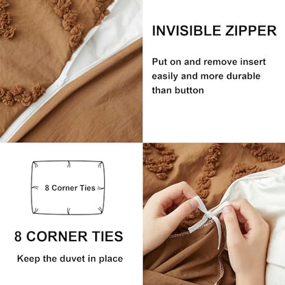 Oli Anderson Tufted Duvet Cover Queen Size, Soft and Lightweight Duvet Covers Set for All Seasons, 3 Pieces Boho Embroidery Shabby Chic Bedding Set (Pumpkin Brown, Queen, 90"×90") - color: Pumpkin Brown, size: Full/Queen(90"×90")