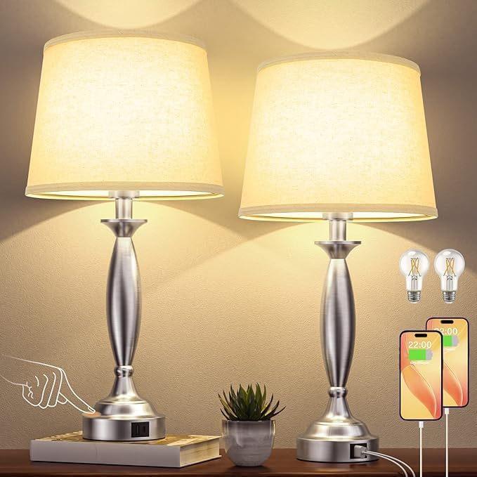 Beige Lamps for Bedrooms Set of 2 - Touch Control Bedside Lamp with USB C+A, 3 Way Dimmable Nightstand Lamps with USB Port, Table Lamp for Living Room(Beige Shade and Nickel Base)