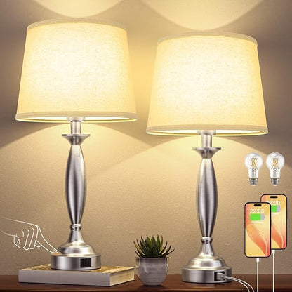 Beige Lamps for Bedrooms Set of 2 - Touch Control Bedside Lamp with USB C+A, 3 Way Dimmable Nightstand Lamps with USB Port, Table Lamp for Living Room(Beige Shade and Nickel Base)