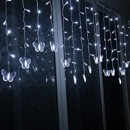 Lainin String Lights 11.5FT 96 LED Curtain Lights 18 Butterfly Drops Twinkle Lights 8 Modes Fairy String Lights for Party Indoor Outdoor Room Garden Wall Wedding Christmas Xmas Decorations (White)