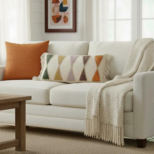 Bloomingville Embroidered Cotton Lumbar Pillow with Fringe, Earthen Multicolors - color: Hunter Green, Yellow, Brown, Orange