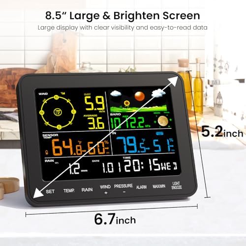 Weather Stations Wireless Indoor Outdoor, Weather Station with Rain Gauge and Wind Speed, Weather Forecast, Temperature, Air Pressure, Humidity, Moon Phase, Alarm Clock(No WiFi)