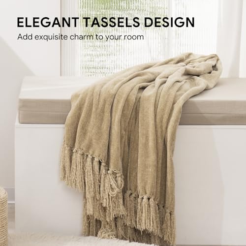 RECYCO Throw Blanket Soft Cozy Chenille Throw Blanket with Fringe Tassel for Couch Sofa Chair Bed Living Room Gift (Beige, 50" x 60") - color: Beige, size: 50'' X 60''