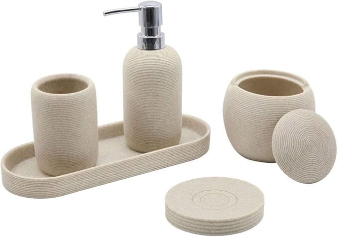Beige Resin Bathroom Accessory Set, 5 Pcs Bathroom Accessories Set with Lotion Dispenser,Soap Dish,Toothbrush Holder,Vanity Tray,Qtip Holder Dispenser, Modern Bathroom Decor and Housewarming Gift Set