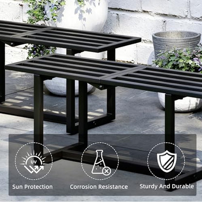 Plant Stand Indoor Outdoor, Foldable Metal Plant Shelf for Multiple Pots, Mid Century Slatted Bench for Patio Garden, Heavy Duty Capacity 330 lbs 2 Pack Black