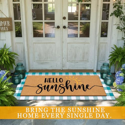 Tinideya 2 Pcs Summer Door Mat 17"x47" Hello Sunshine Welcome Non Slip Coir Blue White Plaid Buffalo Mats Large Floor Layering Doormats Seasonal for Front Porch Entryway Decor(Hello Sunshine)