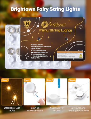 Brightown 14 Pack Warm White and White LED Fairy Lights Battery Operated String Lights, 7ft 20LED Waterproof Silver Wire String Lights, Firefly Starry Moon Lights for Mason Jars DIY Christmas Wedding - color: Warm White+White, size: 14 Pack