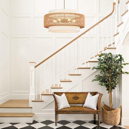 6-Light Boho Rattan Chandelier, 25.6" Large Rattan Pendant Light with Fabric Shade, Farmhouse Hand Woven Chandelier Hanging Ceiling Light for Dining Room, Living Room, Kitchen Island, Foyer, Hallway - size: 25.6" V-shaped weaving