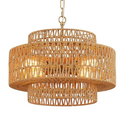 17.8" Boho Rattan Chandelier Light Fixture, 4-Light Golden Hand Woven Pendant Light Fixture Farmhouse Rustic Wicker Chandeliers for Kitchen, Bedroom, Dining Room, Living Room, Hallway, Foyer - color: Gold 17.8"