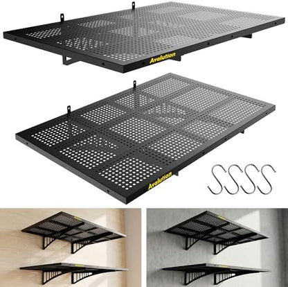 Avalution Garage Wall Shelving,2x3ft Garage Shelving Wall Mounted 2 Pack,Heavy Duty Wall Organizer Storage Shelf with Hooks,650lbs Capacity Floating Shelves for Laundry, Basement,Warehouse,Black