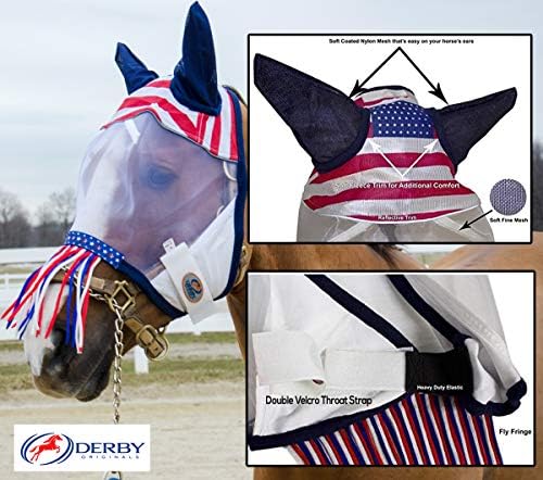 Derby Originals Reflective Safety Horse Fly Mask with Ears and Nose Cover Fringes,White,Full Horse (Large),72-7181WH-L
