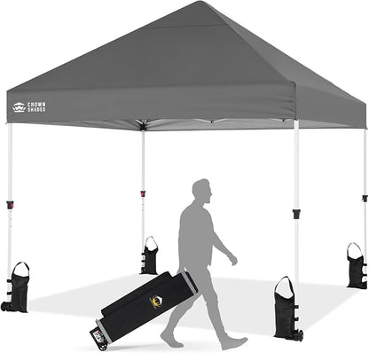 CROWN SHADES Pop Up Canopy Tent, 8x8 Commercial Canopy Tent with 4" Wheels, 4 Upgraded Weights, Patented Centerlock, 400D Strength Oxford Fabric, Sto'N Go Bag, Gray
