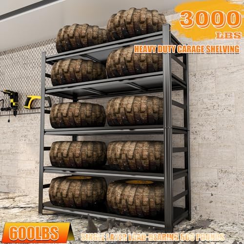Heavy Duty Metal Garage Shelving Unit, 5 - Tier Adjustable Storage Shelves, 3000LBS for Garage & Basement, Kitchen and Pantry Industrial Steel Rack, Ideal for Tool Organization & Storage, Black,73"H
