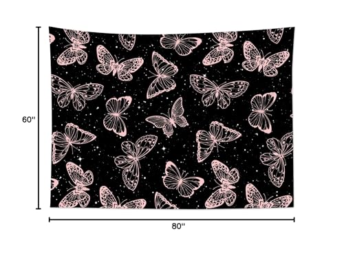 HVEST Pink Butterfly Tapestry - Butterfly on Black and White Galaxy Space Wall Hanging for Bedroom, Kids Room, Living Room - 60L x 80W inches - color: Black Pink, size: 60"L x 80"W