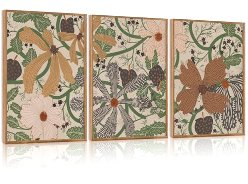 CHDITB Bohemian Floral Framed Canvas Wall Art Set Of 3,Farmhouse Flowers Wall Decor, Nature Botanical Artwork Boho Green Vines Wildflowers Art Prints For Dining Room Bedroom Decor (12X16 Inch) - color: Floral