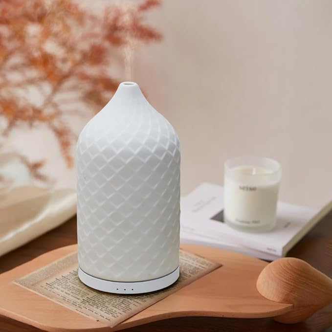 Essential Oil Diffuser for Home, Ceramic Aromatherapy Diffuser for Essential Oils, 120ml Oil Diffuser with Waterless Auto-Off and 7 LED Lights for Large Room Yoga Spa (White)