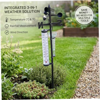 3 in 1 Outdoor Weather Station Garden Thermometer Rain Wind Indicator with Fahrenheit Celsius Display Stake for Yard Courtyard.