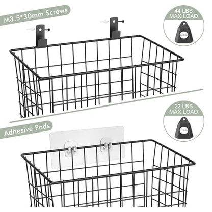 Wall Hanging Baskets 3 Pack, Diversified Wire Basket Shelves of Wooden Style, with Wall Mounted Hooks & Traceless Stickers, for Kitchen Coffee Bar Office Room Garage Storage Organization (Large) - size: Large