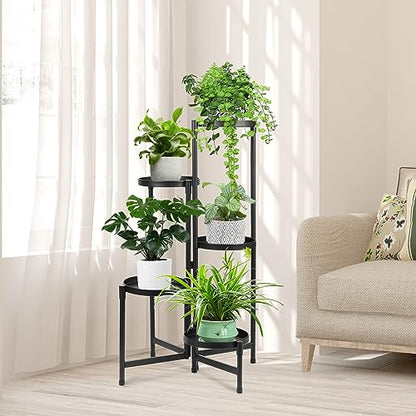 5 Tier Metal Plant Stand for Indoor Outdoor, Black | Foldable, Toolless Assembly, Flexibly Adjustable, Waterproof, Antislip