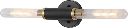 Modern Wall Sconces 24" Knurled Texture Cylinder Bathroom Vanity Lights Fixtures with Clear Striped Glass Shade 2-Lights Brushed Brass Gold Black Indoor Wall Lighting for Bedroom Hallway