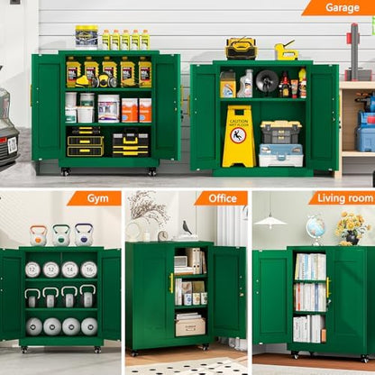 Small Metal Storage Cabinet with Wheels, Lockable Tool Cabinet with Doors