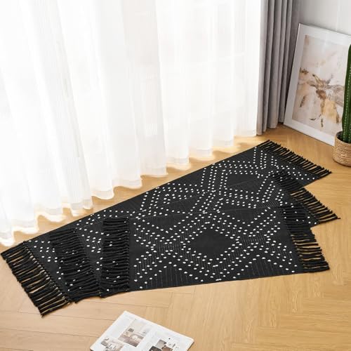 Black Bathroom Rug 2x3ft, Washable Boho Small Bath Mat Non Slip, Aztec Area Rug Floor Mat with Tassel for Kitchen, Entryway, Front Porch - size: 2' x 3' (Runner)