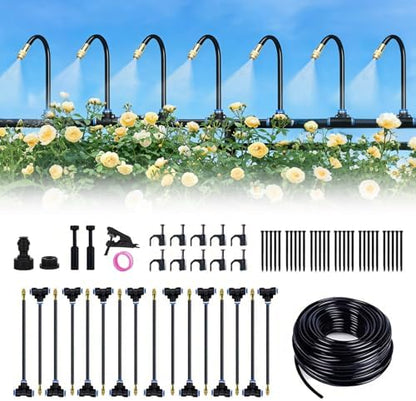 360° Adjustable Drip Irrigation System-50FT Garden Watering System with 16 Brass Nozzles,Irrigation System for Garden/Yard/Lawn,Greenhouse Accessories, 5/16" Tubing Garden Irrigation System
