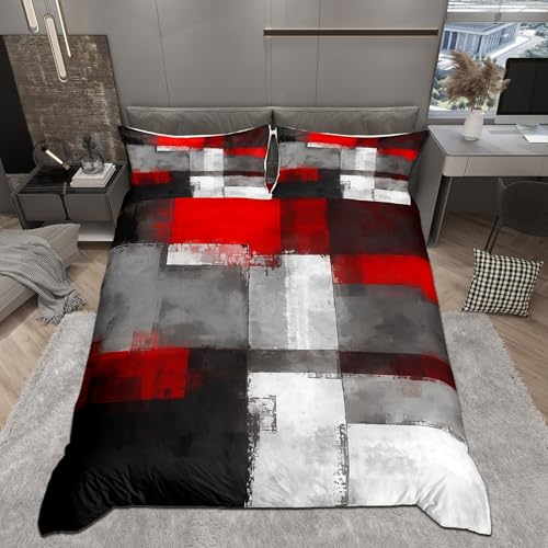 Geometric Duvet Cover Set Queen for Kids Boys,Red Grey Black Rectangle Bedding Set with 2 Pillowcases Oil Painting Comforter Cover,Abstract Graffiti Art Quilt Cover 3pcs, Polyester (No Comforter) - color: Multi 14, size: Queen 90"x90"