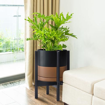 D'vine Dev Ceramic Planter with Ebony Stand - 10 Inch Modern Round Flower Pot with Wood Planter Holder, Black/Speckled Tan, 55-B-L-7 - color: Black/Speckled Tan Pot + Ebony Stand, size: 10 Inch