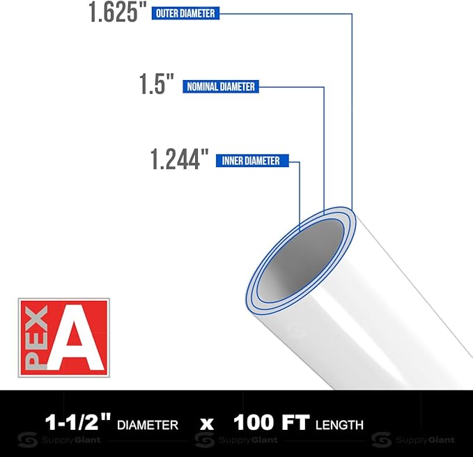 Pex-A Tubing 1-1/2 Inch x 100 Ft Coil, Non-Barrier Pipe for Potable Water, Flexible Water Tubing for Plumbing, White