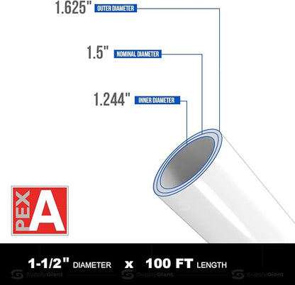 Pex-A Tubing 1-1/2 Inch x 100 Ft Coil, Non-Barrier Pipe for Potable Water, Flexible Water Tubing for Plumbing, White