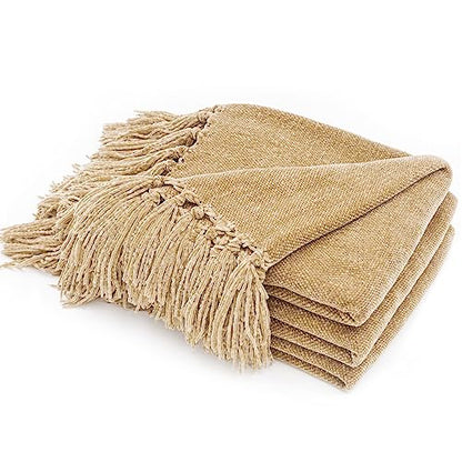 RECYCO Throw Blanket Soft Cozy Chenille Throw Blanket with Fringe Tassel for Couch Sofa Chair Bed Living Room Gift (Beige, 50" x 60") - color: Beige, size: 50'' X 60''