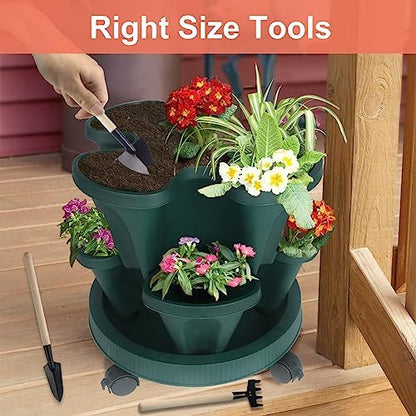 DUNCHATY Stackable Planter, Vertical Garden Planter with Wheels and Tools, Strawberry Indoor/Outdoor 5 Tier Tower Herb for Growing Vegetables Succulents, Dark Green, 2 Pack