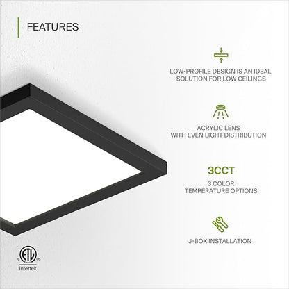 ASD LED 9" Square Flush Mount Light | 18W 1270LM 3000-5000K 120V | 3CCT, Dimmable, Ultra Slim, ETL Listed | Thin Surface Lamp, Bedroom Ceiling Lighting | Black