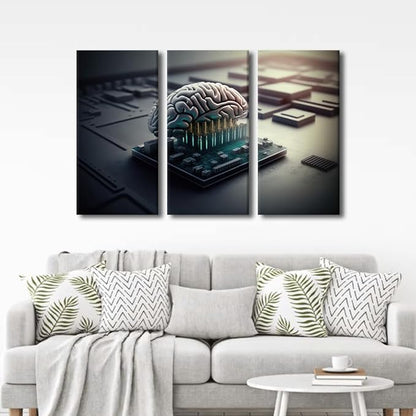 TUMOVO Bedroom Wall Decor 3 Pieces Canvas Wall Art Brains and Computer Chips Pictures for Home Decoration, Human Cyborg Brain Being Prints and Poster Framed Ready to Hang, 36" Wx24 H