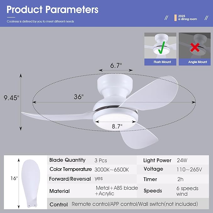 36 Inch Ceiling Fans with Lights, Small Flush Mount Ceiling Fan, Remote/APP Control, 3 Reversible Curved Blades, 6 Speeds, 3 CCT Dimmable Lights for Bedroom, White
