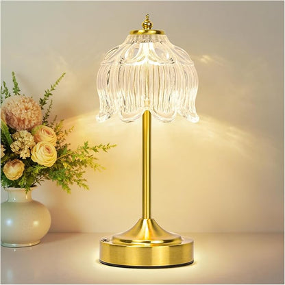 Cordless Lotus Flower Table Lamp, 5200mAh Rechargeable Battery Operated Portable Lamp, 3-Color Dimmable Touch Control Small Desk Lamp for Bedroom, Office, Kitchen, Nightstand,Room Decor (Flower Clear)