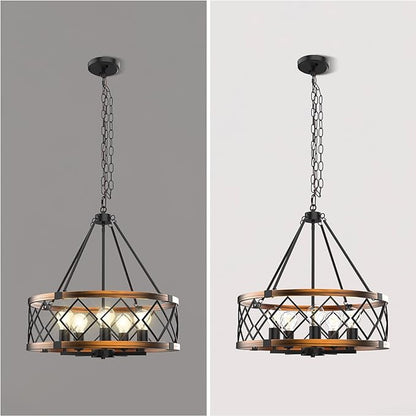 5-Light Black and Gold Chandelier, Farmhouse Industrial Pendant Light Adjustable Height Metal Hanging Fixture E26 Base for Kitchen Island, Dining Room, Living Room