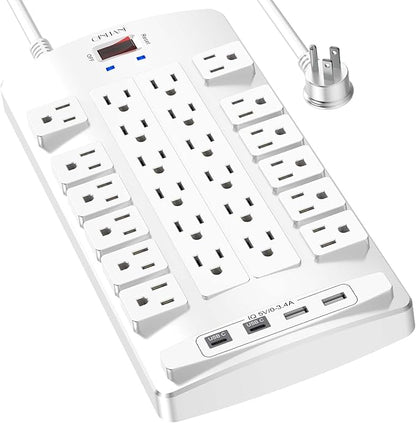 QINLIANF Surge Protector Power Strip - 6Ft Flat Plug Heavy Duty Extension Cord with 24 Outlets and 4 USB Ports(2 USB-C Ports), 1875W/15A, 4100J, for Home, Office, Dorm, ETL Listed, White