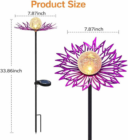 Solar Garden Lights Outdoor Decor, Metal Flower Solar Stake Light with Warm White Crackle Glass, Waterproof Yard Art Ornament for Patio Lawn Backyard, Unique Gardening Gifts for Women (Purple)