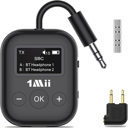 1Mii Airplane Bluetooth 5.3 Transmitter for All Headphones - Bluetooth Adapter for TV - Dual Connection - aptX Low Latency - Flying Travel, Wireless Audio Aux for MP3, Game,PC-Black