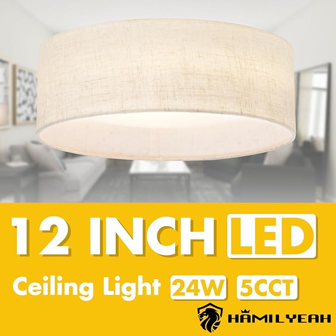 Hamilyeah LED Ceiling Light Flush Mount 24W, 12inch Kitchen Lighting Fixture Ceiling Mount with Fabric Shade, Dimmable Ceiling Lighting Fixture 5CCT for Bedroom, Bathroom, Living Room, Kitchen