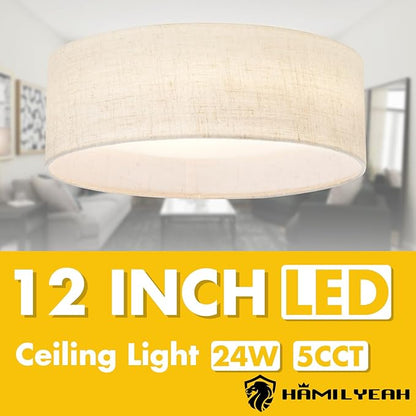 Hamilyeah LED Ceiling Light Flush Mount 24W, 12inch Kitchen Lighting Fixture Ceiling Mount with Fabric Shade, Dimmable Ceiling Lighting Fixture 5CCT for Bedroom, Bathroom, Living Room, Kitchen