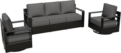 Aluminum Patio 79" Sofa Set with 2 Swivel Rocker Chairs, All Weather Outdoor Conversation Furniture with Metal Armrest & 6" Removable Cushions & Furniture Covers for Deck (Grey)